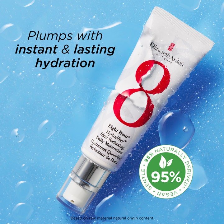 Elizabeth Arden Eight Hour Cream Hydraplay 45 ml ansigtscreme i tube på blå baggrund med vanddråber