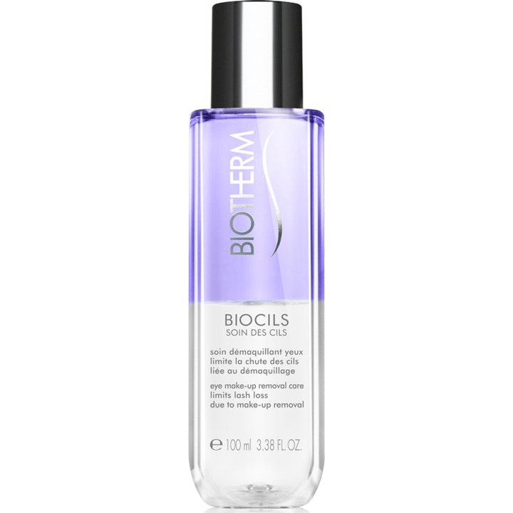 Biotherm Biocils 100 ml øjenmakeupfjerner i gennemsigtig flaske med lilla og klar tofaset væske.