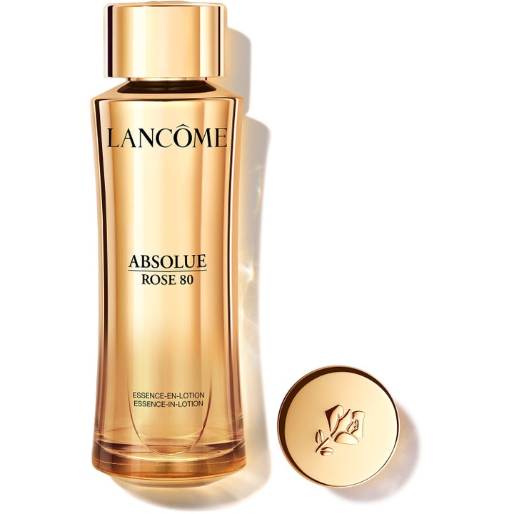 Lancôme Absolue Rose 80 essence-in-lotion giver huden glød i en luksuriøs guldtonet flaske med forgyldt låg