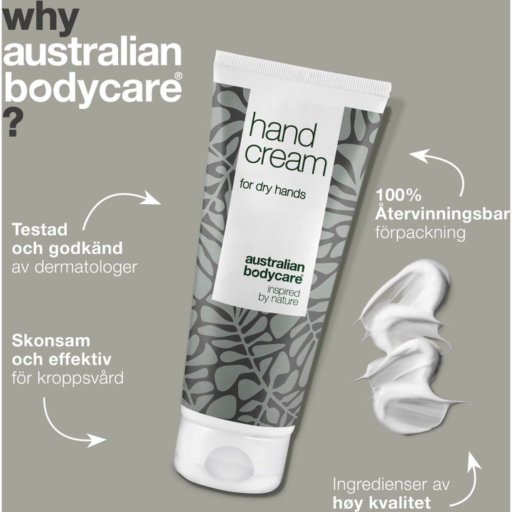 Australian Bodycare Hand Cream 100 ml fugtgivende håndcreme i hvid tube med bladmønster og cremet hvid tekstur