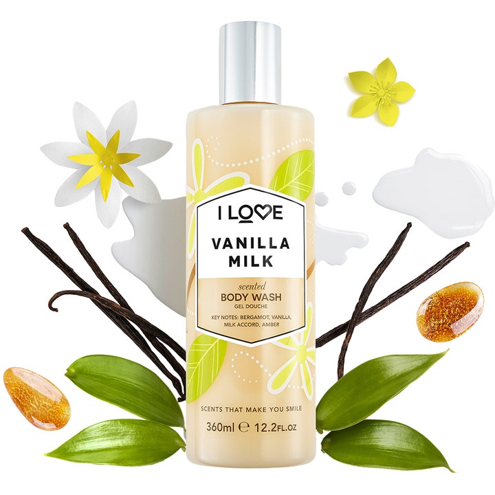 I LOVE Vanilla Milk 360ml velduftende kropsvask i flaske med sølvlåg omgivet af vaniljestænger og hvide blomster