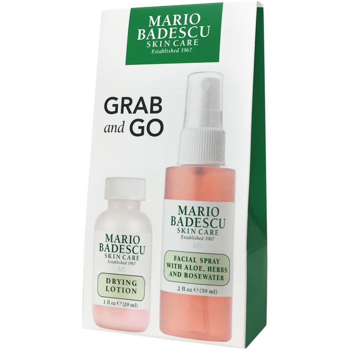 Mario Badescu Grab & Go 1 stk ansigtsplejesæt med Drying Lotion og Facial Spray i hvid og grøn emballage