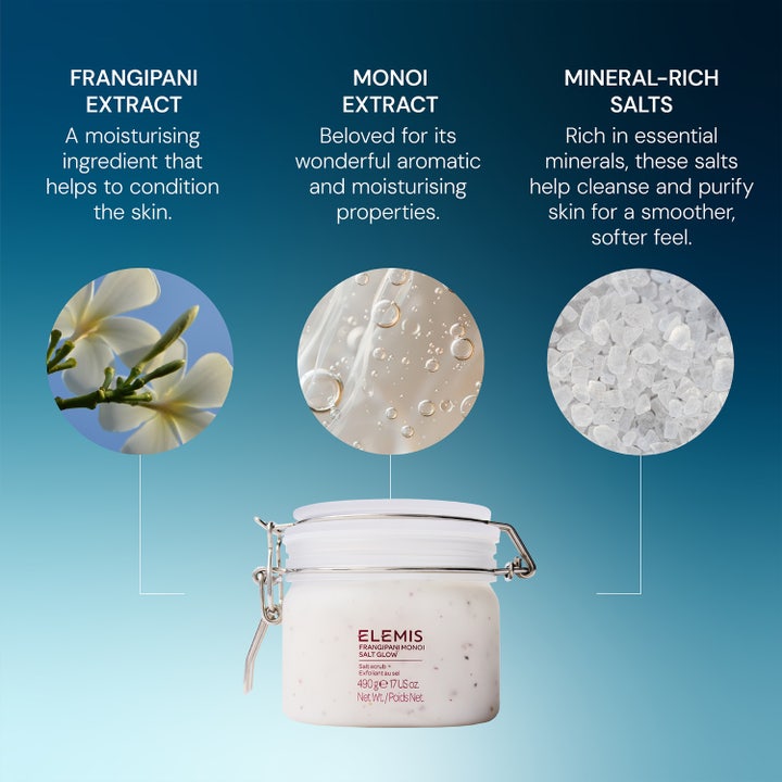 Elemis Frangipani Monoi Salt Glow 490 g body scrub med mineralrigt salt og plejende eksotiske ekstrakter