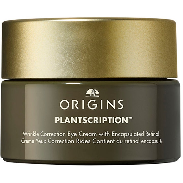 Origins Plantscription Wrinkle Correction Eye Cream 15 ml reducerer rynker i en mørkegrøn glaskrukke med guldlåg.