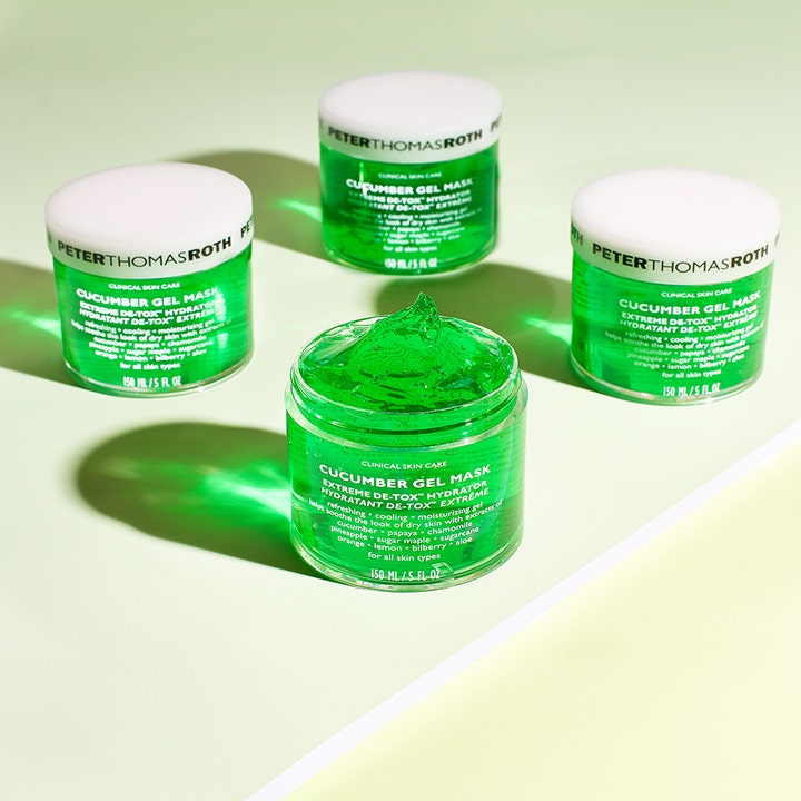 Peter Thomas Roth Cucumber De-Tox Gel Mask 150 ml kølende ansigtsmaske med klar grøn geltekstur i åben krukke.