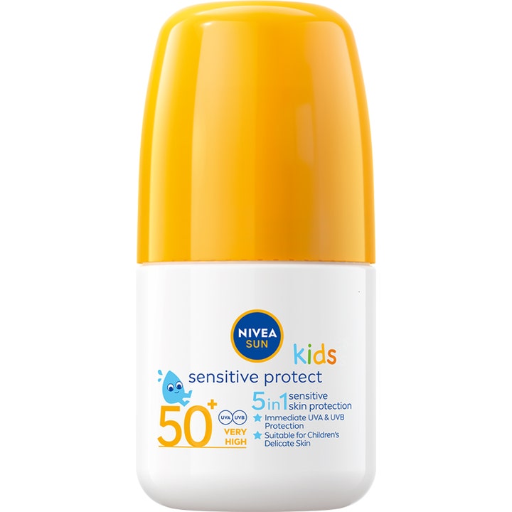 Nivea Sun Kids Sensitive Protect SPF 50+ solcreme i hvid roll-on med gult låg til sensitiv hud