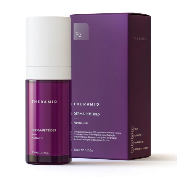 Niche Beauty Lab Theramid Derma-Peptides 35% 30 ml anti-aging serum i lilla flaske med hvidt låg og lilla æske