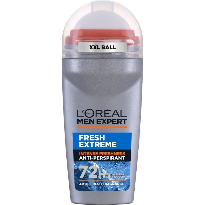 L'Oréal Men Expert Fresh Extreme anti-perspirant roll-on giver 48 timers friskhed i grå flaske med gennemsigtigt låg
