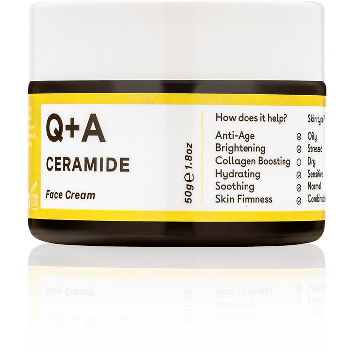Q+A Ceramide Face Cream 50g fugtgivende ansigtscreme i mørk krukke med hvidt låg og gul etiket