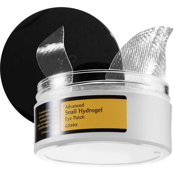 COSRX Advanced Snail Hydrogel Eye Patches 60 stk fugtgivende øjenmasker med snigelslem i åben hvid krukke
