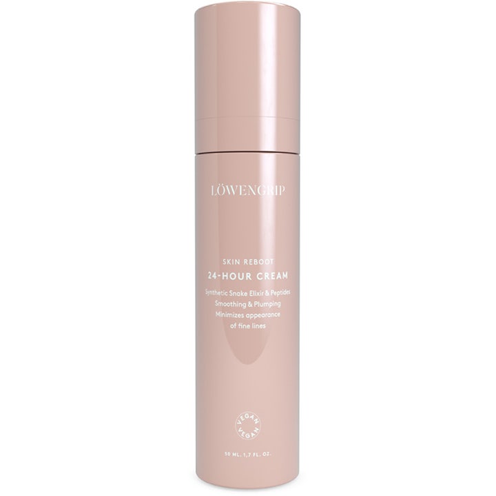 Löwengrip Skin Reboot 24-Hour Cream 50 ml udglattende ansigtscreme i en høj støvet rosa flaske med pumpe