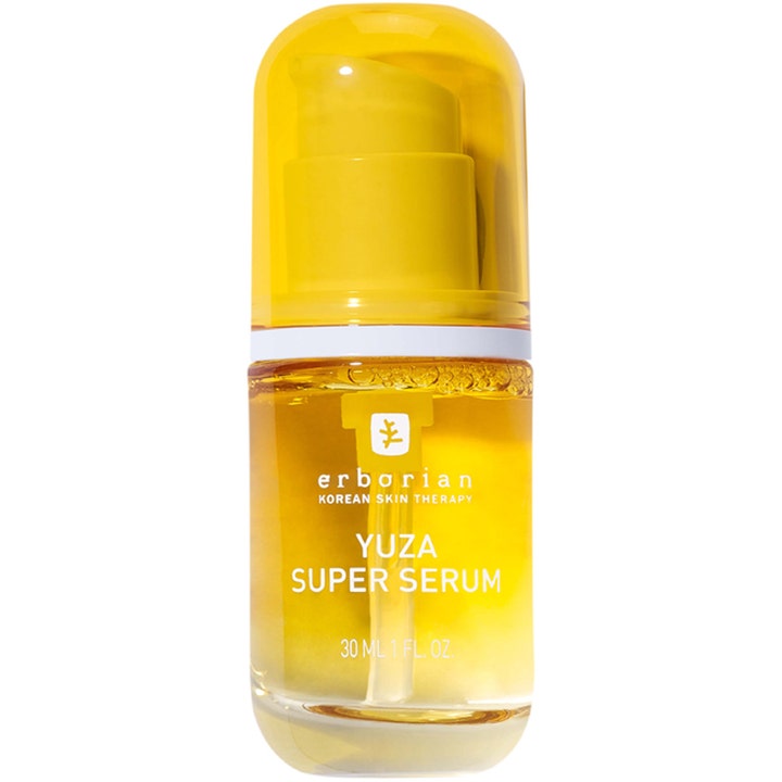 Erborian Yuza Super Serum 30 ml fugtgivende ansigtsserum i en gul gennemsigtig glasflaske med gul pumpe
