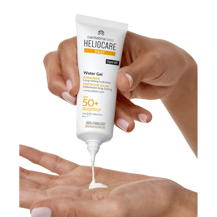 Heliocare 360 Water Gel 50 ml fugtgivende ansigtssolcreme SPF 50 i hvid tube og æske med sort låg