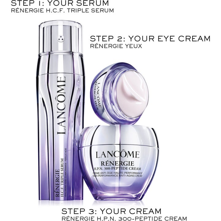 Lancôme Rénergie hudplejesæt med serum og cremer i lilla og sølv der giver en opstrammende anti-age effekt.