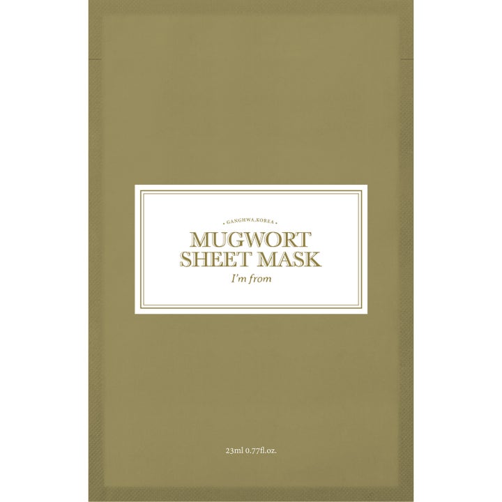 I'm from Mugwort Sheet Mask 23ml beroligende ansigtsmaske i en olivengrøn sachet med hvid etiket.