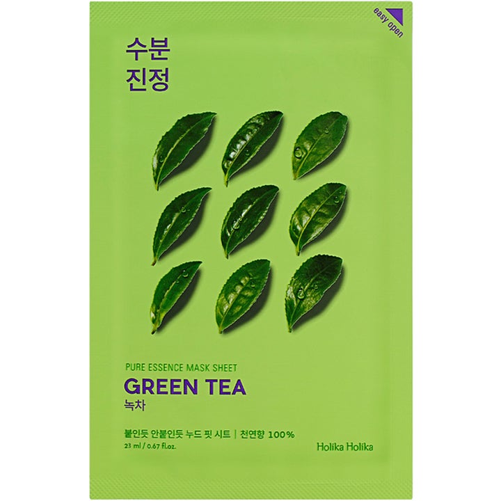 Holika Holika Pure Essence Mask Sheet Green Tea 23 ml beroligende ansigtsmaske i grøn indpakning med teblade