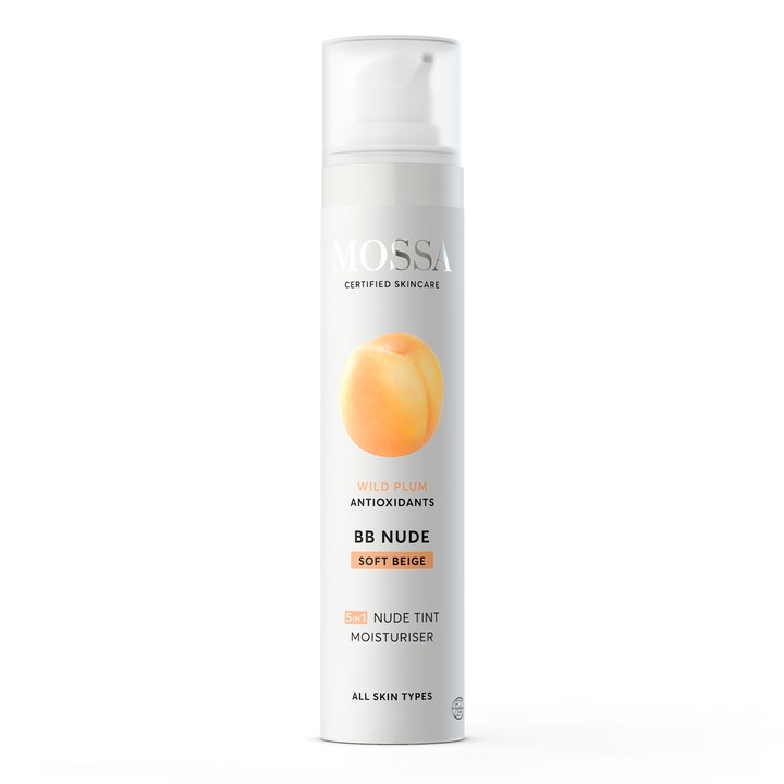 Mossa BB Nude Soft Beige 50ml fugtgivende BB cream i hvid pumpeflaske med blommeillustration og klart låg