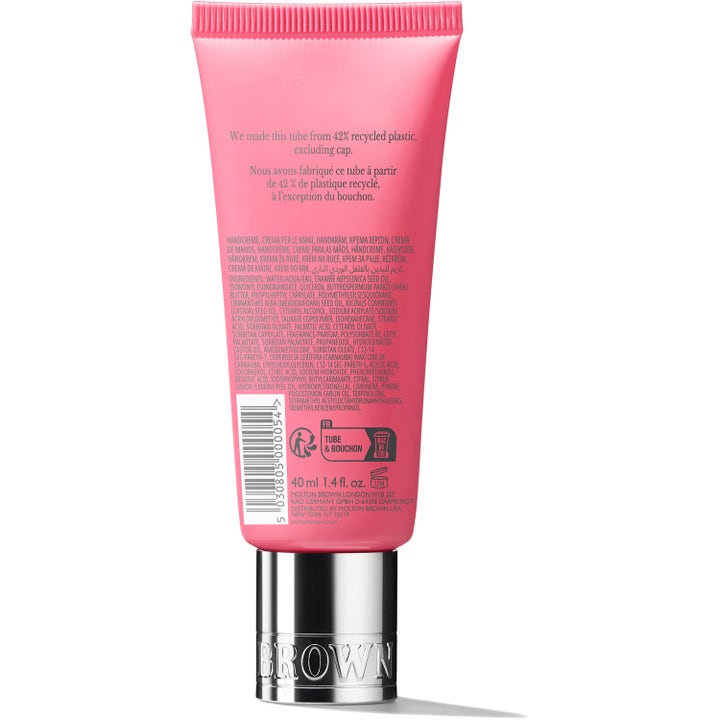 Molton Brown Fiery Pink Pepper Hand Cream 40 ml fugtgivende håndcreme bagside af lyserød tube med ingrediensliste og sølvlåg