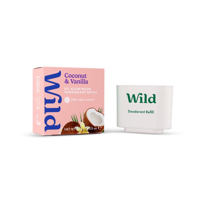 Wild Coconut & Vanilla 40g aluminiumsfri deodorant refill i lyserød papæske med kokosnød og hvid plastbeholder