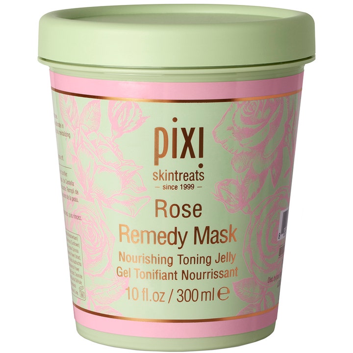 Pixi Rose Remedy Mask 300 ml nærende ansigtsmaske i lysegrøn krukke med lyserød etiket og guldskrift.