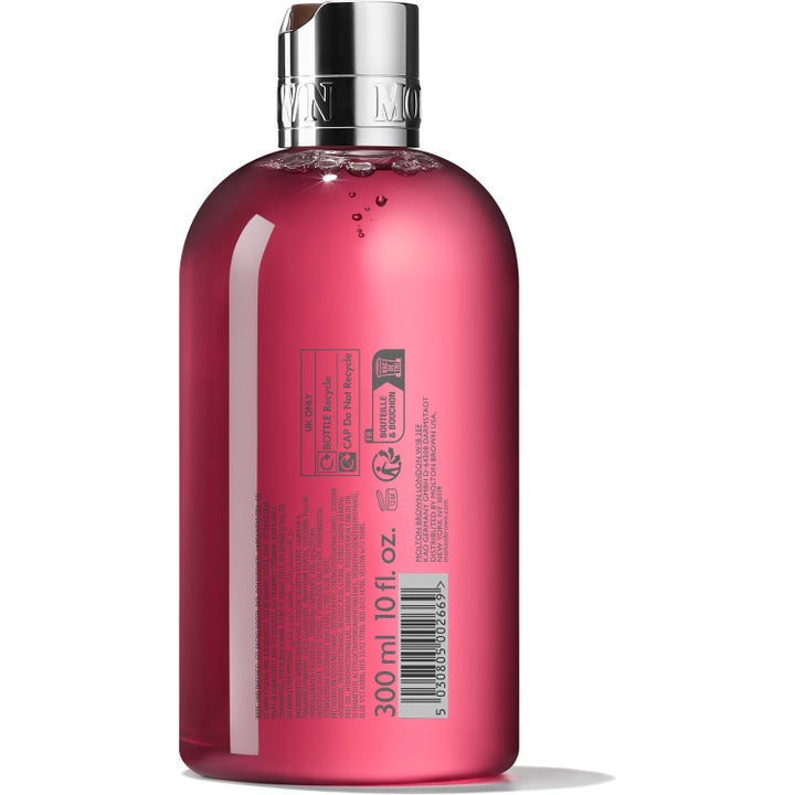Molton Brown Fiery Pink Pepper Bath & Shower Gel 300 ml kropsvask i gennemsigtig flaske bagfra med lyserød gel