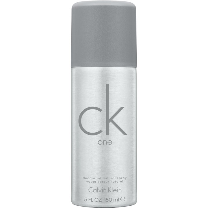 Calvin Klein CK One 150 ml deodorant natural spray giver friskhed i en sølvfarvet metalbeholder med gråt låg