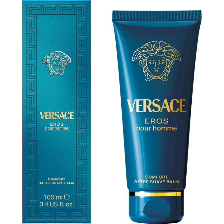 Versace Eros After Shave Balm 100 ml beroligende after shave i turkis tube og æske med guld Medusa-logo