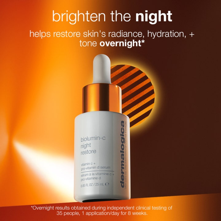 Dermalogica Biolumin-C Night Restore 25 ml serum i hvid glasflaske med pipette mod orange baggrund