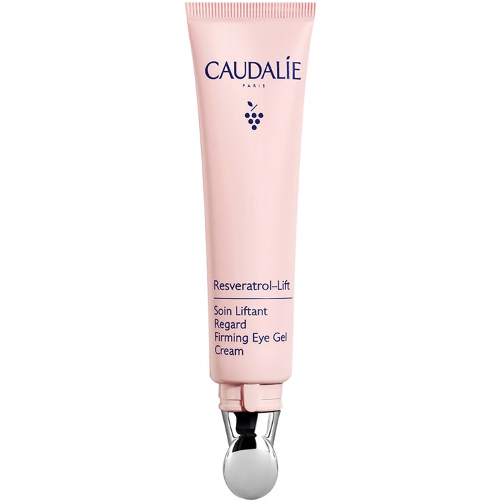 Caudalie Resveratrol-Lift Firming Eye Gel Cream 15 ml opstrammende øjencreme i lyserød tube med sølvfarvet metalapplikator