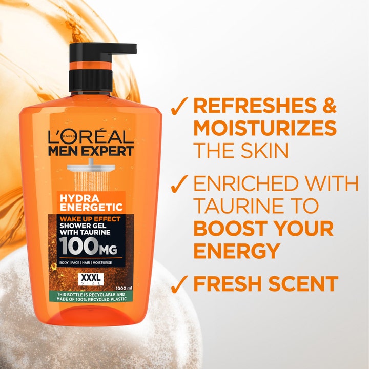L'Oréal Paris Men Expert Hydra Energetic 1000 ml opfriskende showergel med taurin i orange flaske med pumpe.
