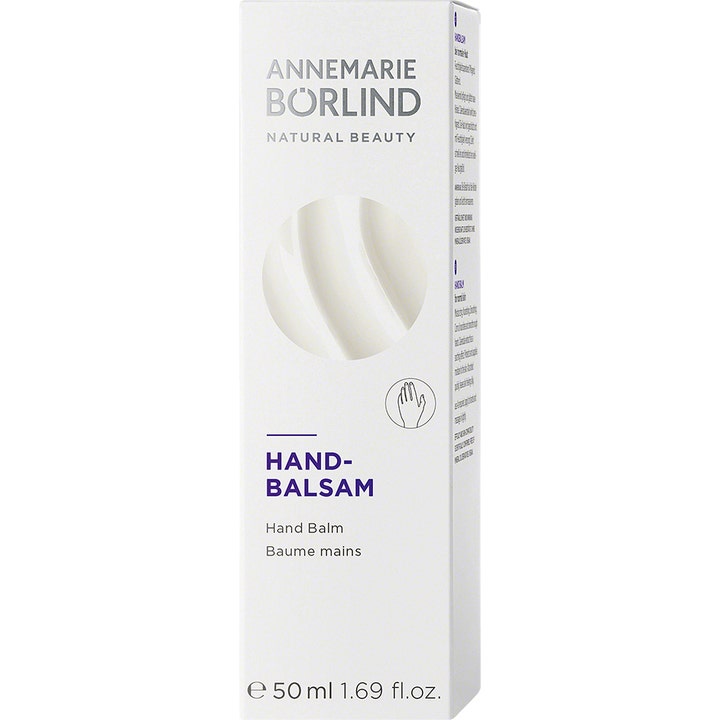 Annemarie Börlind Hand Balm 50 ml plejende håndcreme i hvid yderemballage med cirkulært kighul til cremet tekstur