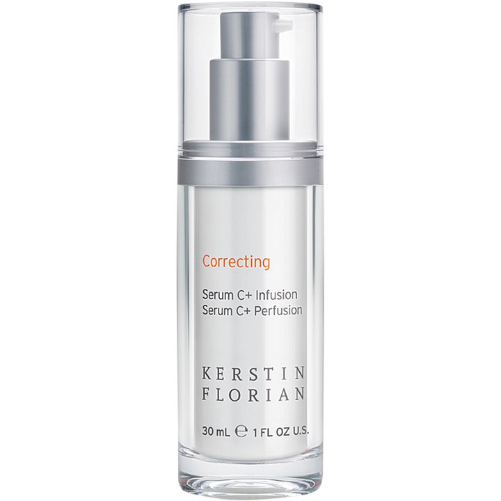 Kerstin Florian Correcting Serum C+ Infusion 30 ml glødgivende serum i hvid flaske med sølvfarvet pumpe og klart låg