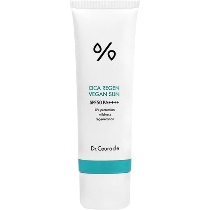 Dr. Ceuracle Cica Regen Vegan Sun 50 ml beroligende solcreme i hvid tube med grønne detaljer