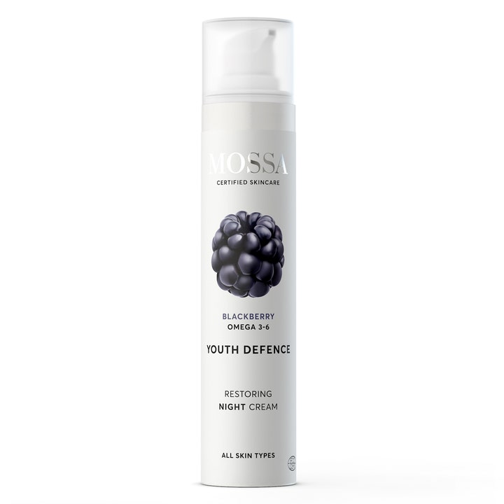 Mossa Youth Defence Restoring Night Cream 50ml genopbyggende natcreme i hvid pumpeflaske med brombærillustration