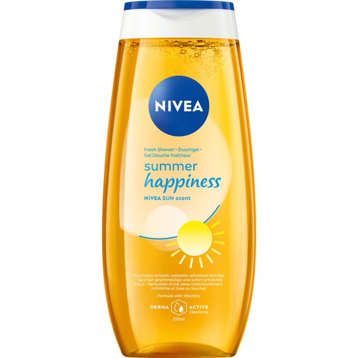 Nivea Love Sunshine Shower Gel 250 ml opfriskende kropspleje i gul gennemsigtig flaske med hvidt låg
