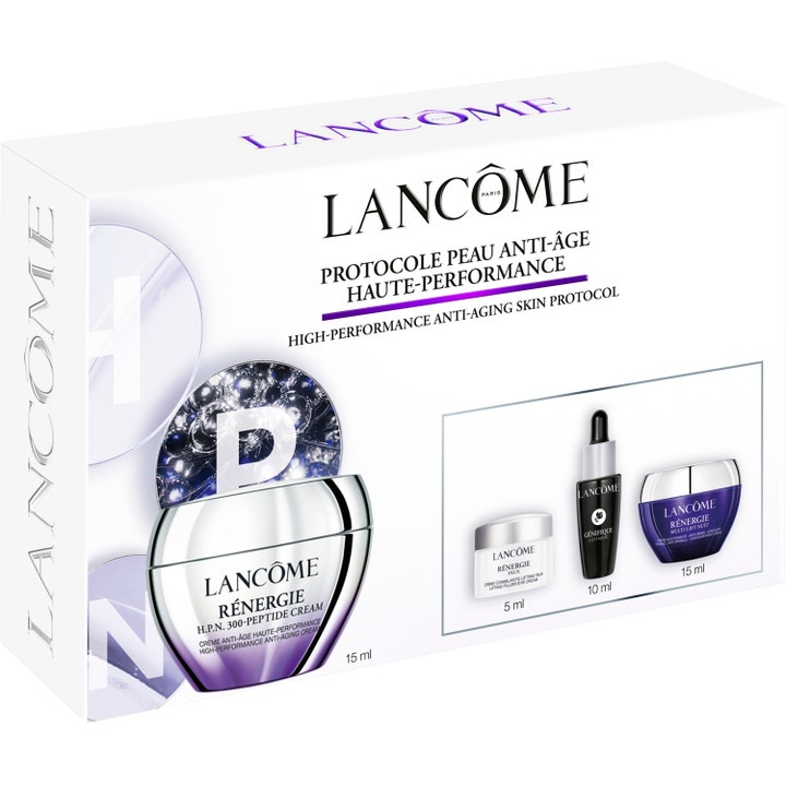 Lancôme Rénergie Starter Kit 1 stk anti-age hudplejesæt i hvid æske med lilla og sølvfarvede krukker