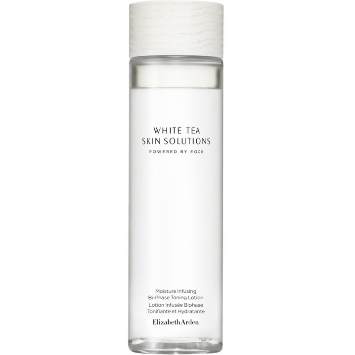 Elizabeth Arden White Tea Skin Solutions 200 ml fugtgivende toner i klar flaske med hvidt træmønstret låg.