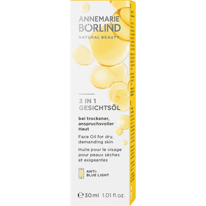 Annemarie Börlind 3-in-1 Facial Oil 30 ml fugtgivende ansigtsolie i hvid æske med gule oliedråber