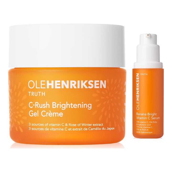 Ole Henriksen Truth lysnende hudplejesæt med C-vitamin for glød i orange pumpeflaske og krukke med hvide låg