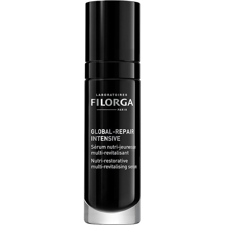 Filorga Global-Repair Intensive 30ml revitaliserende serum i en stilren sort cylinderflaske med hvid tekst.