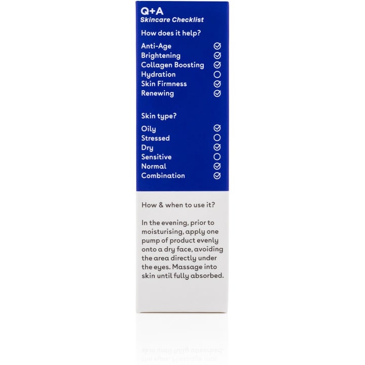 Q+A Retinol 0.2% Serum 30 ml anti-age ansigtsserum i blå og hvid æske med tjekliste over fordele og brugsanvisning