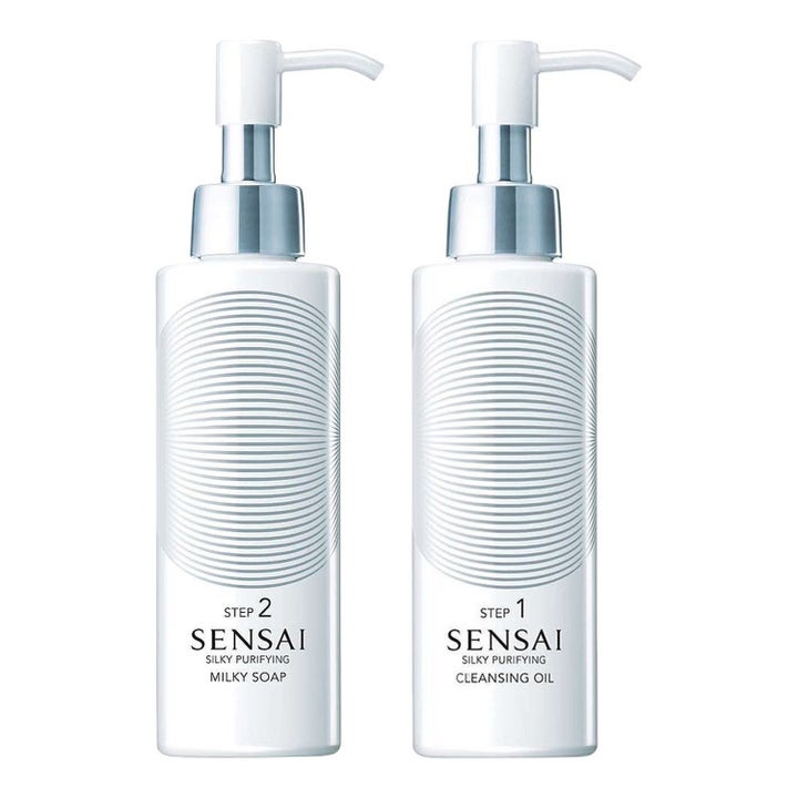 Sensai Silky Purifying Step 1 & 2 rensesæt til dobbeltrens i hvide flasker med pumper og sølvdetaljer