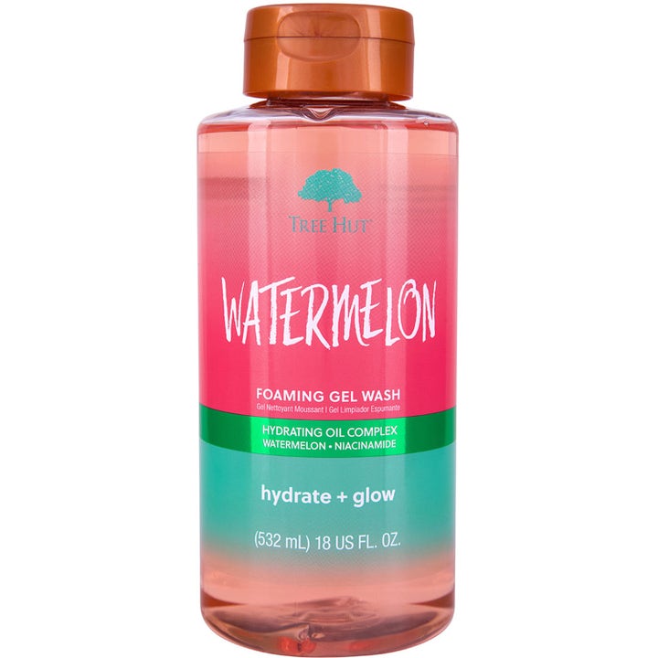 Tree Hut Watermelon Foaming Gel Wash 532 ml fugtgivende vaskegel med niacinamid i flaske med pink og grøn gradient.