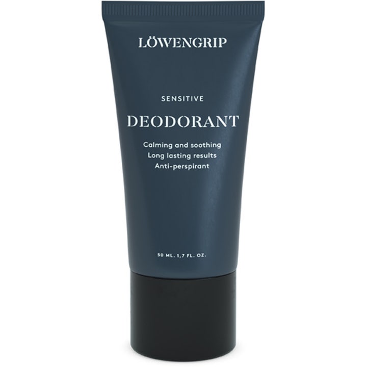 Löwengrip Sensitive Deodorant 50 ml beroligende antiperspirant i en mørkegrå tube med sort låg