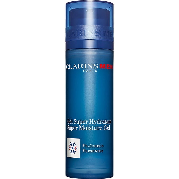 ClarinsMen Super Moisture Gel 50 ml fugtgivende ansigtsgel i blå cylinderformet flaske med gennemsigtigt låg