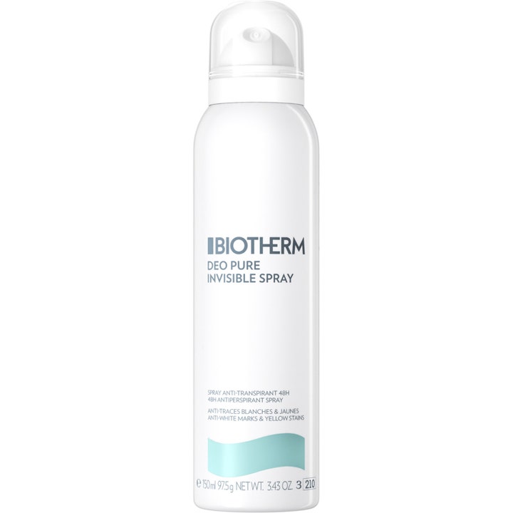 Biotherm Deo Pure Invisible Spray 150 ml antiperspirant mod hvide mærker i hvid sprayflaske med gennemsigtig hætte