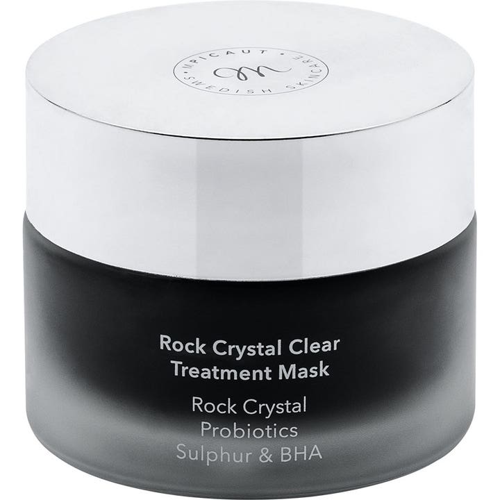 M Picaut Rock Crystal Clear Treatment Mask 50 ml rensende ansigtsmaske med BHA og probiotics i mørk krukke med sølvlåg
