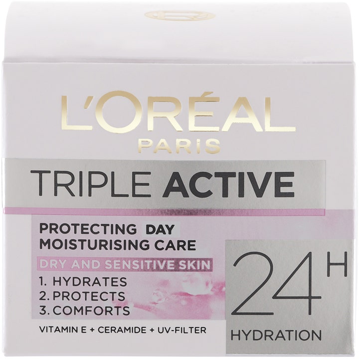 L'Oréal Paris Triple Active 50 ml fugtgivende dagcreme i hvid papæske med guldlogo til tør og sensitiv hud