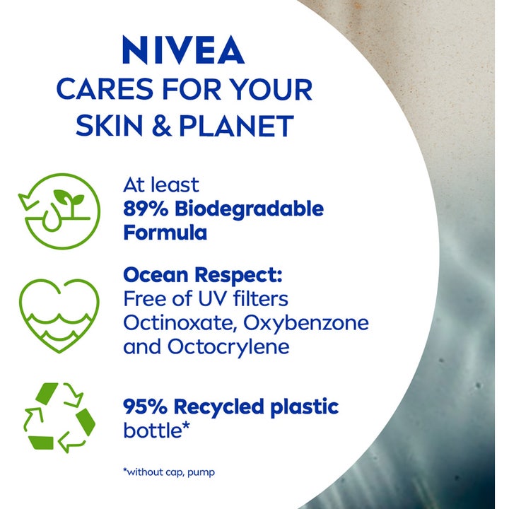 NIVEA Sun Protect & Bronze Oil 200 ml solcreme med tekst om 89% bionedbrydelig formel og genanvendt plast
