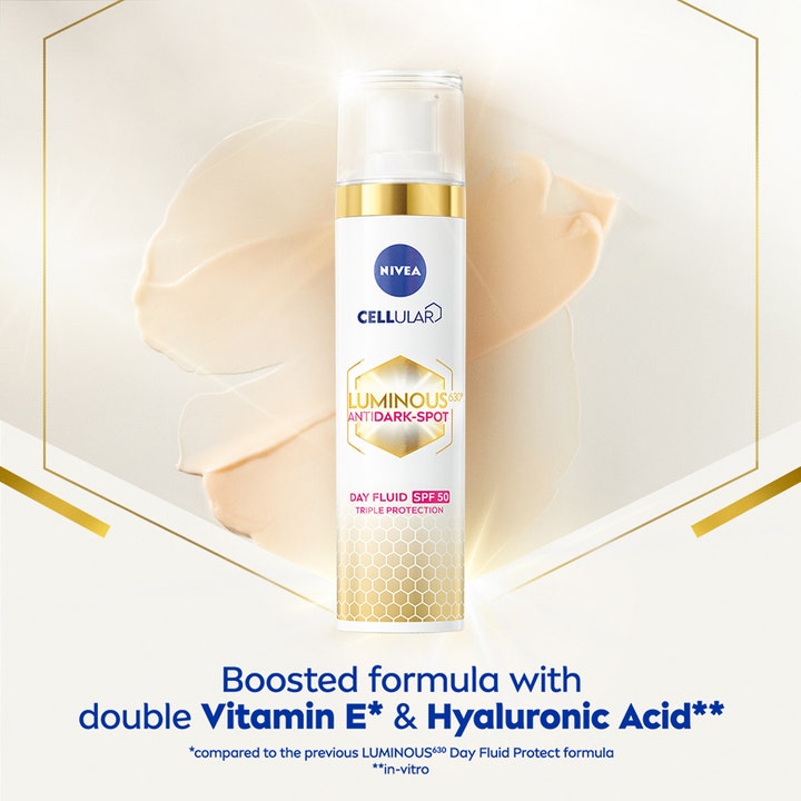 Nivea Luminous630 Anti Dark-Spot Day Fluid 40 ml solcreme mod mørke pletter i pumpeflaske med SPF 50 og cremet tekstur